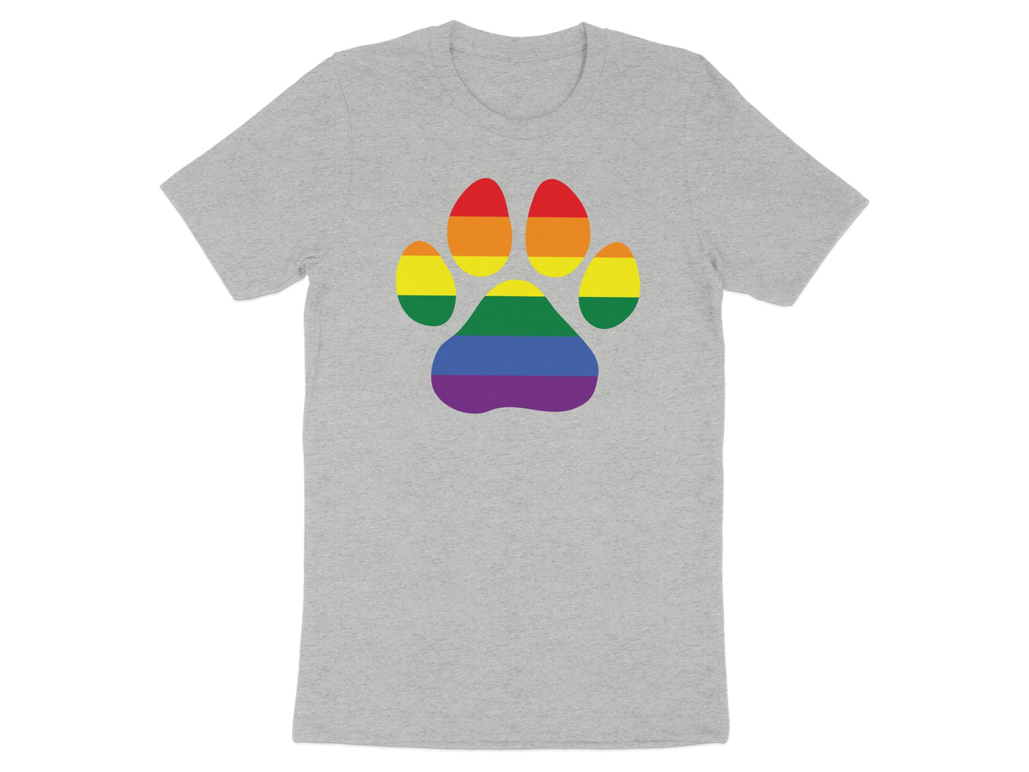 Rainbow paw print on a grey t-shirt.
