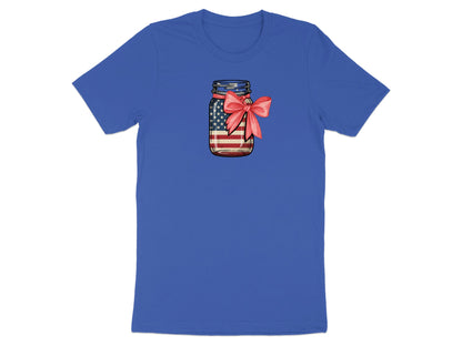 Blue t-shirt featuring a mason jar filled with an American flag and tied with a red ribbon.