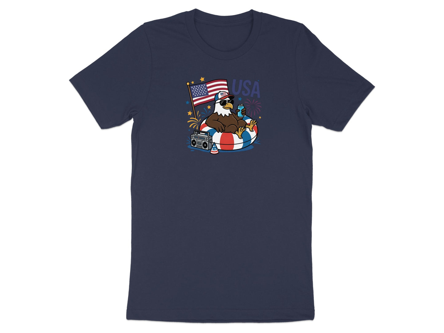 Cartoon eagle wearing sunglasses and a flag floats in an inflatable ring.