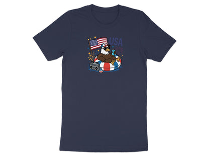 Cartoon eagle wearing sunglasses and a flag floats in an inflatable ring.