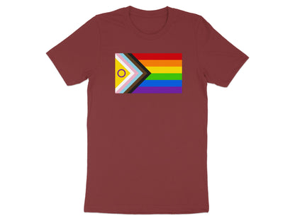 Maroon t-shirt with Progress Pride flag design on the chest.
