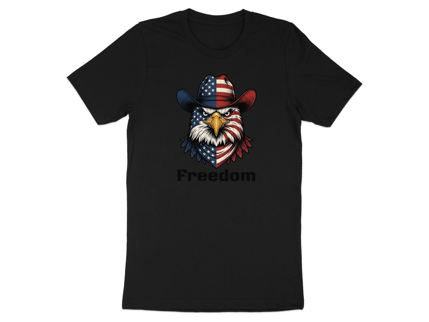 Black t-shirt with an eagle wearing a cowboy hat and American flag details, text "Freedom".