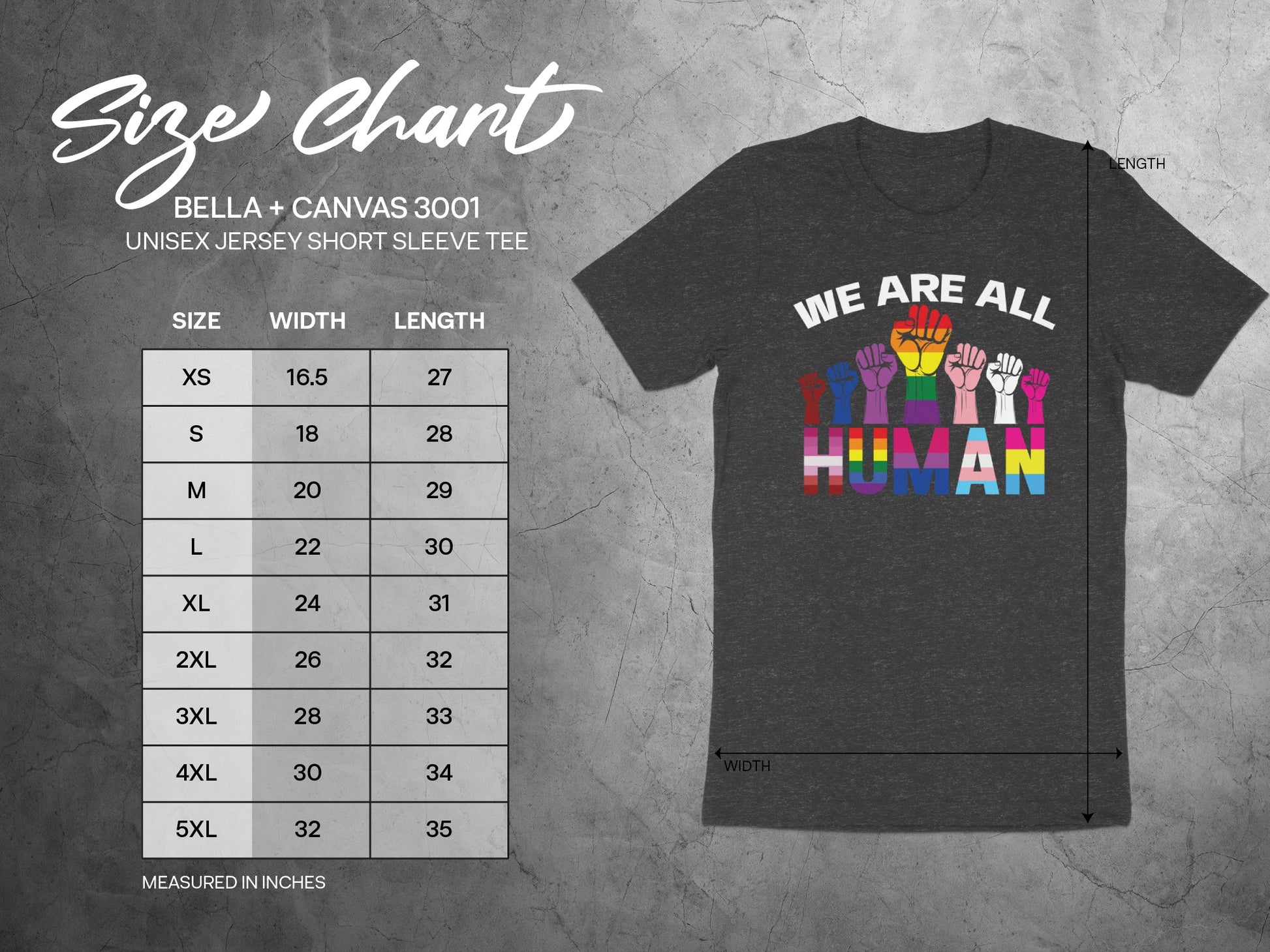 Bella + Canvas 3001 unisex t-shirt size chart with "We Are All Human" graphic.