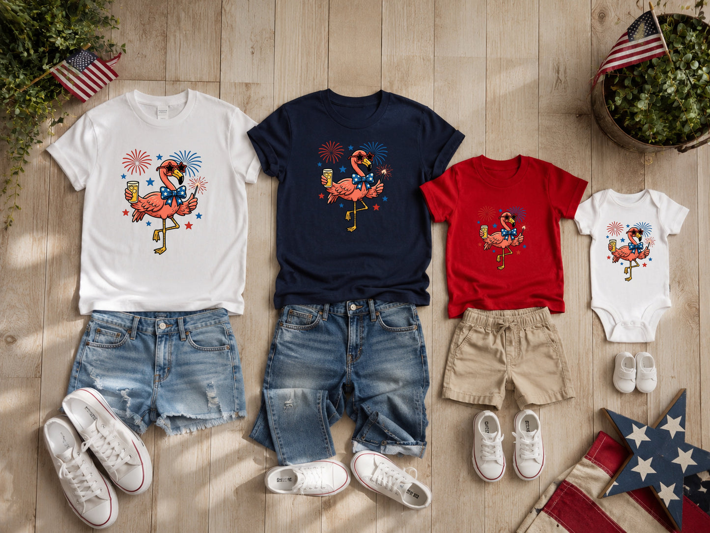 Flamingo patriotic graphic tees and shorts for adults and children.