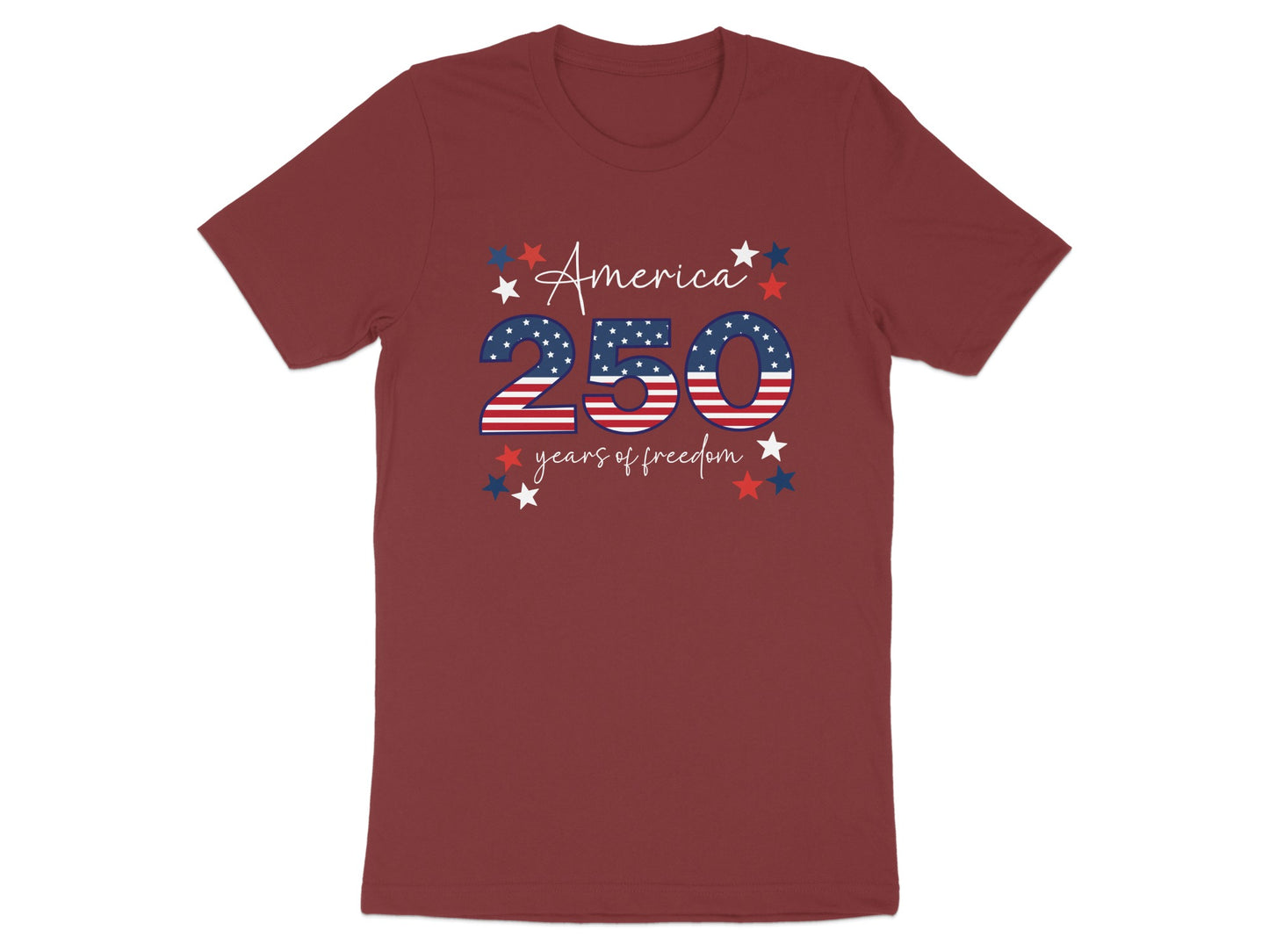 Maroon t-shirt with "America 250 years of freedom" text and stars.
