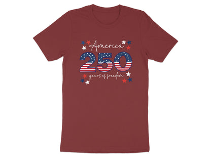 Maroon t-shirt with "America 250 years of freedom" text and stars.