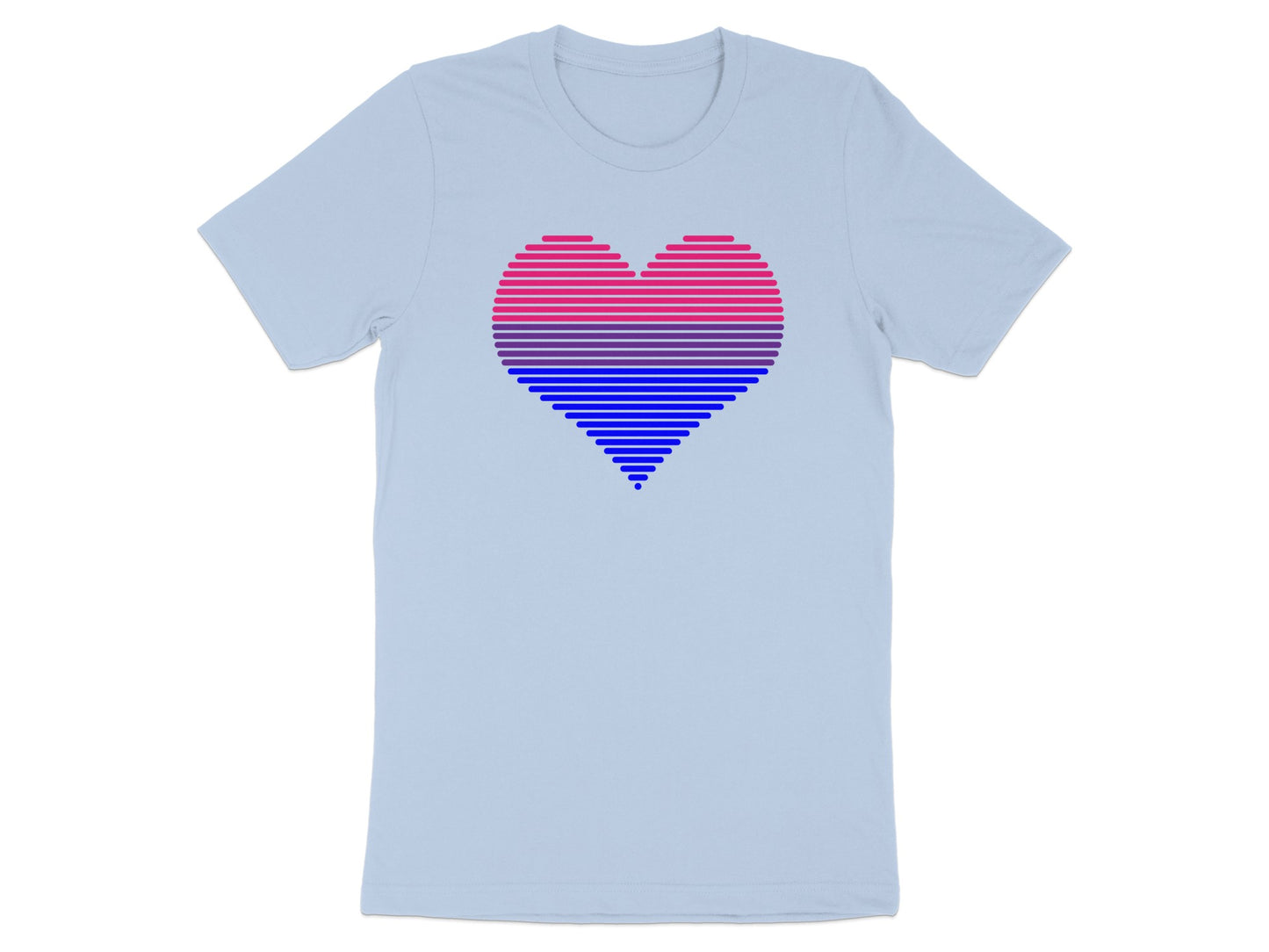 Light blue t-shirt with a striped heart in bisexual flag colors.