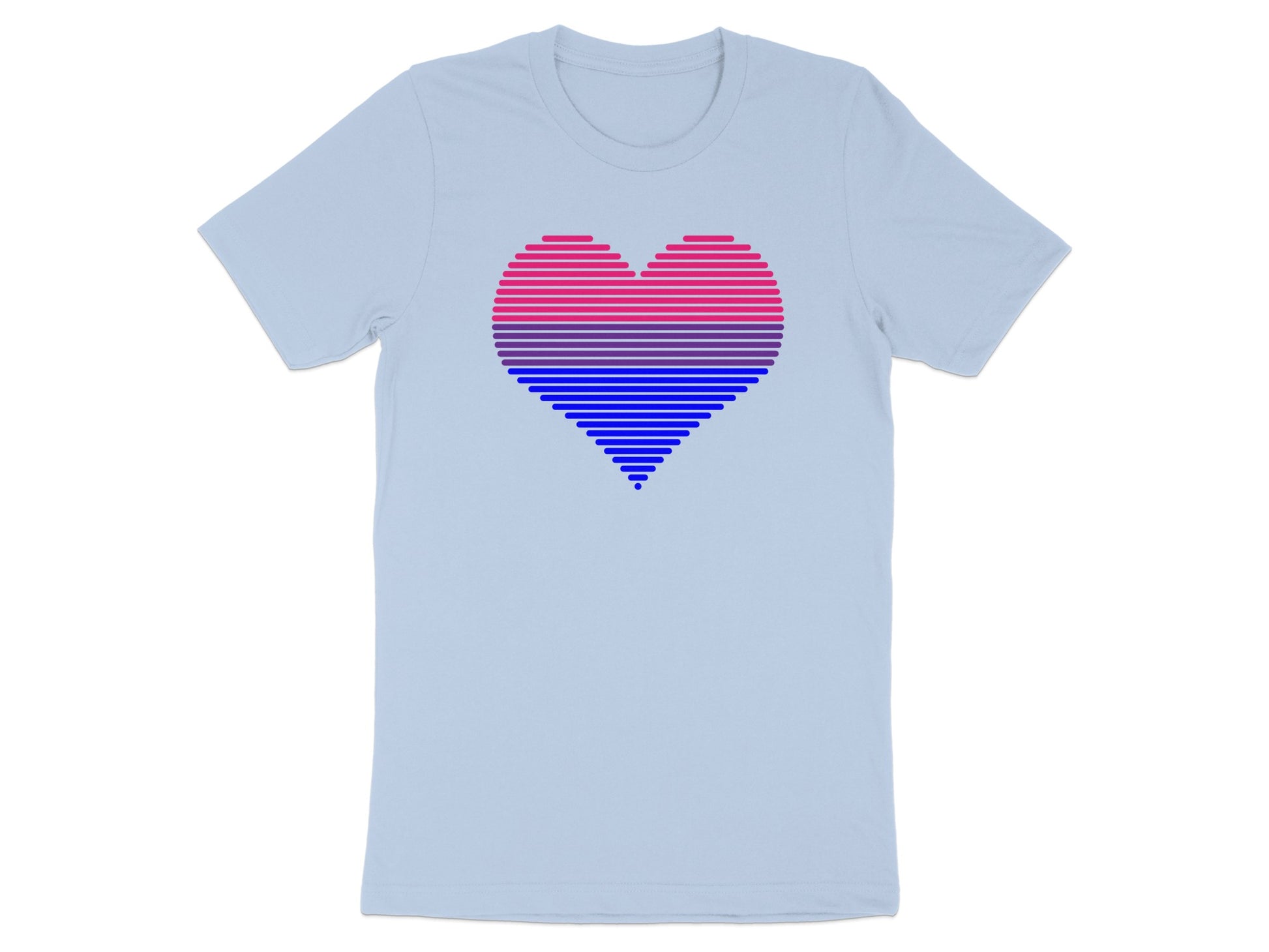 Light blue t-shirt with a striped heart in bisexual flag colors.