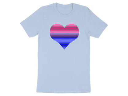 Light blue t-shirt with a striped heart in bisexual flag colors.