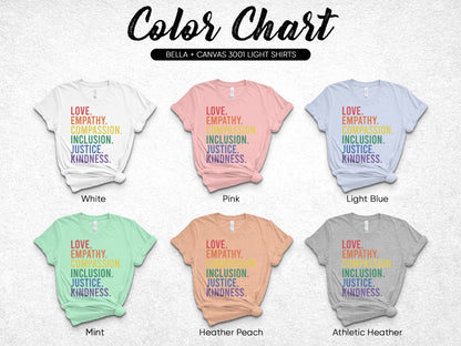 Bella+Canvas 3001 color chart showing six t-shirt colors with the same text design.
