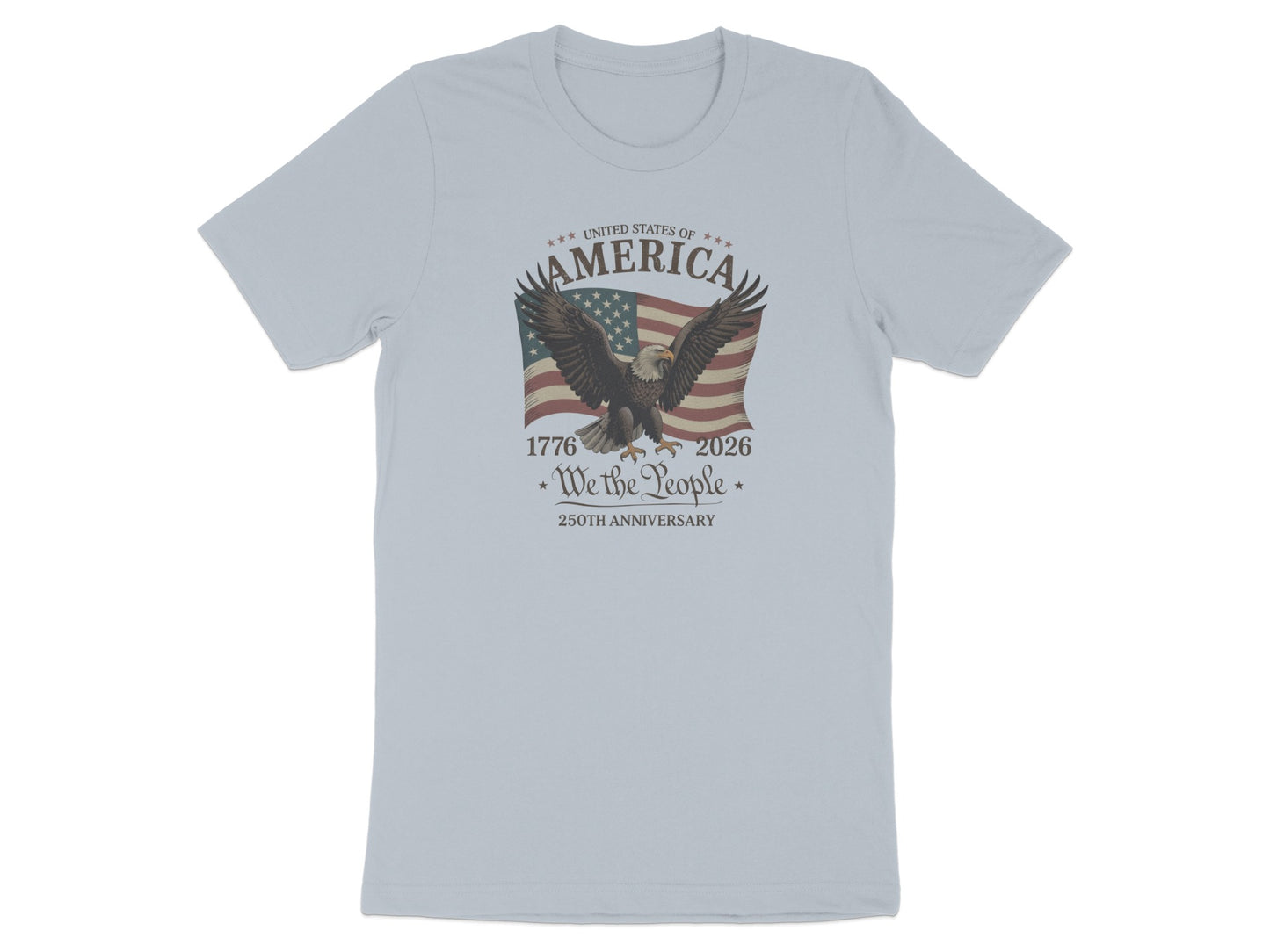 Light blue t-shirt with eagle, American flag, and "250th Anniversary" text.