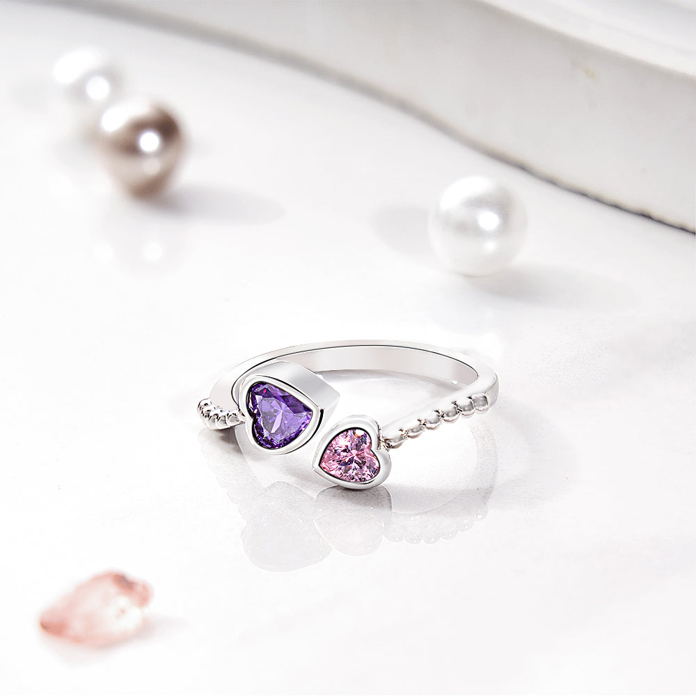 Heart-Shaped Adjustable Ring with Two Personalized Birthstones