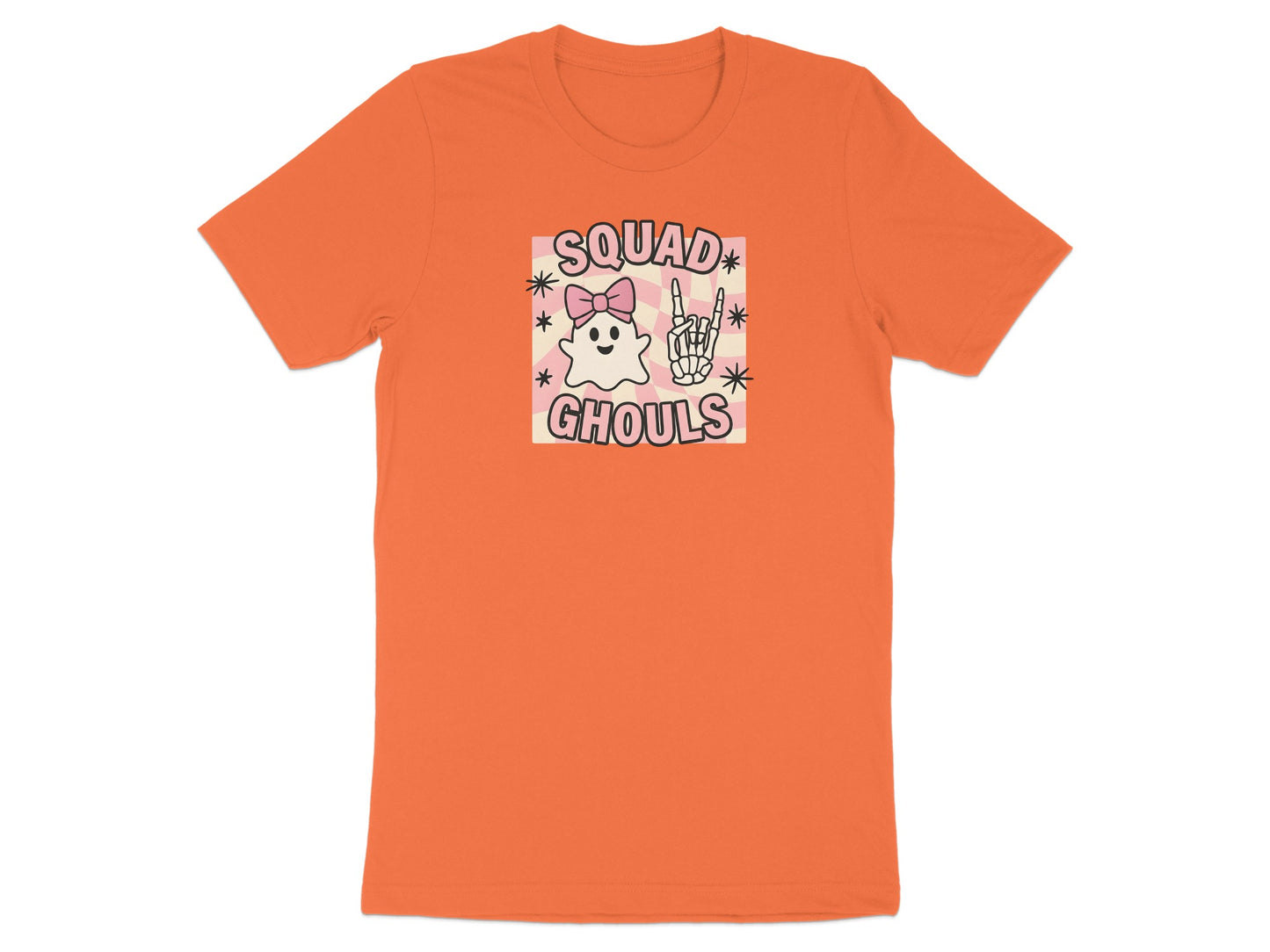 Orange t-shirt with "Squad Ghouls" graphic featuring a ghost and skeleton hand.