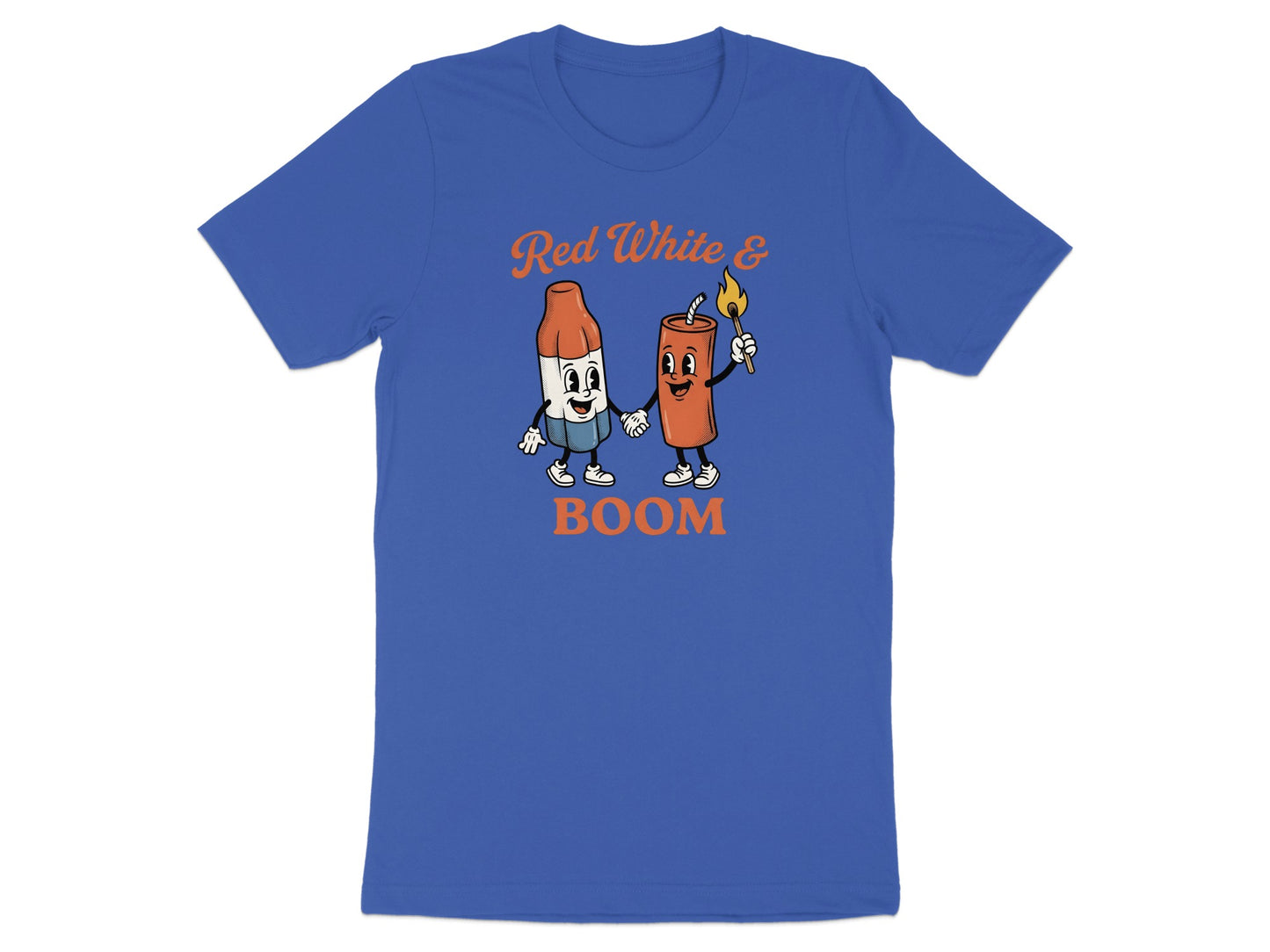 Red White & Boom cartoon firecracker and crayon holding hands.