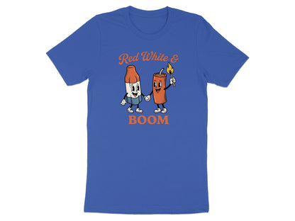 Red White & Boom cartoon firecracker and crayon holding hands.
