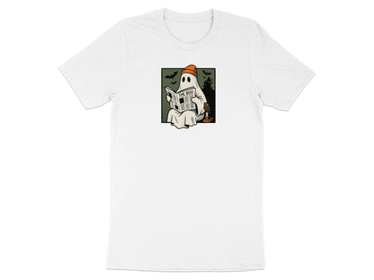 Ghost wearing beanie reads "The Boo" newspaper with owl and spooky house.