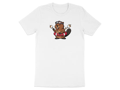 Cartoon beaver wearing goggles and a life preserver holding marshmallows.