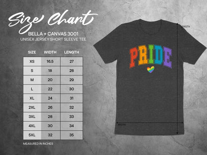 BELLA+CANVAS 3001 unisex t-shirt size chart with width and length measurements.