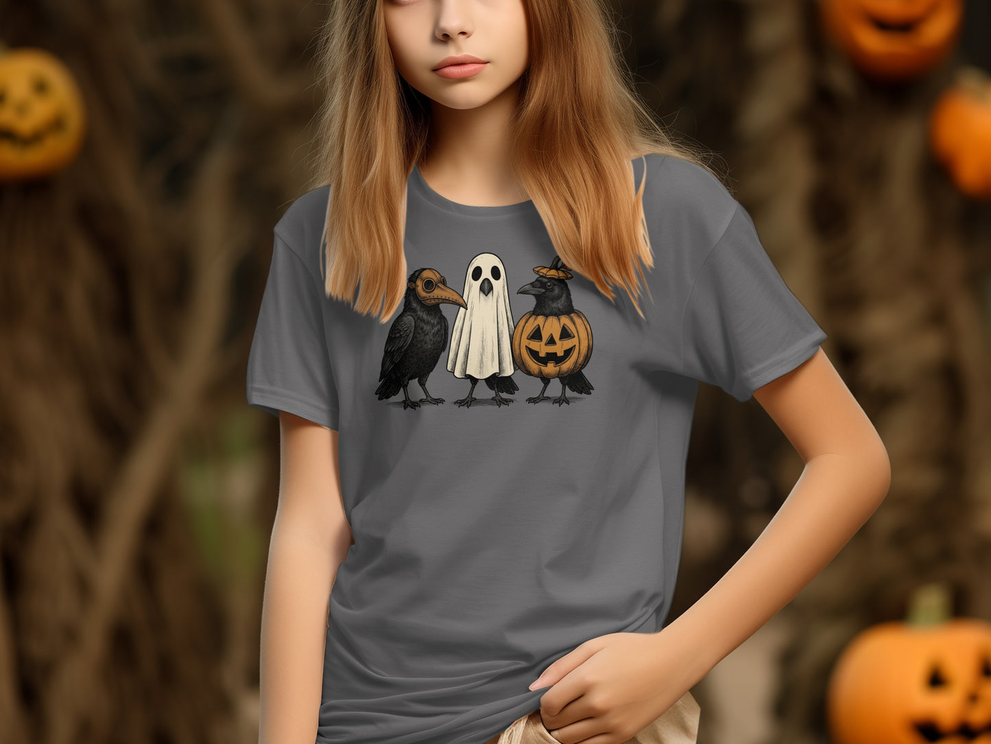 Gray t-shirt featuring a ghost, jack-o-lantern, and crow Halloween graphic.