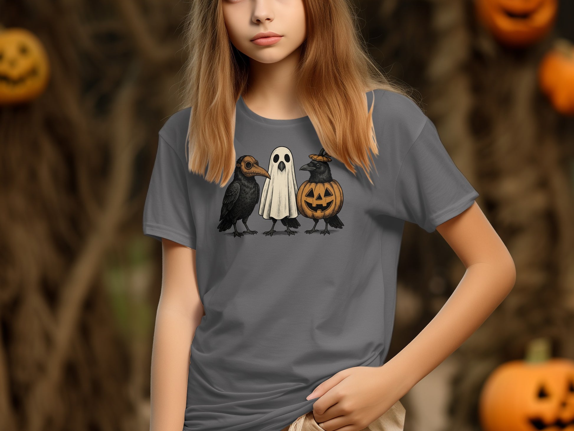 Gray t-shirt featuring a ghost, jack-o-lantern, and crow Halloween graphic.