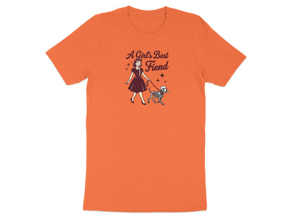 Orange t-shirt with "A Girl's Best Fiend" text and graphic of woman walking skeleton dog.