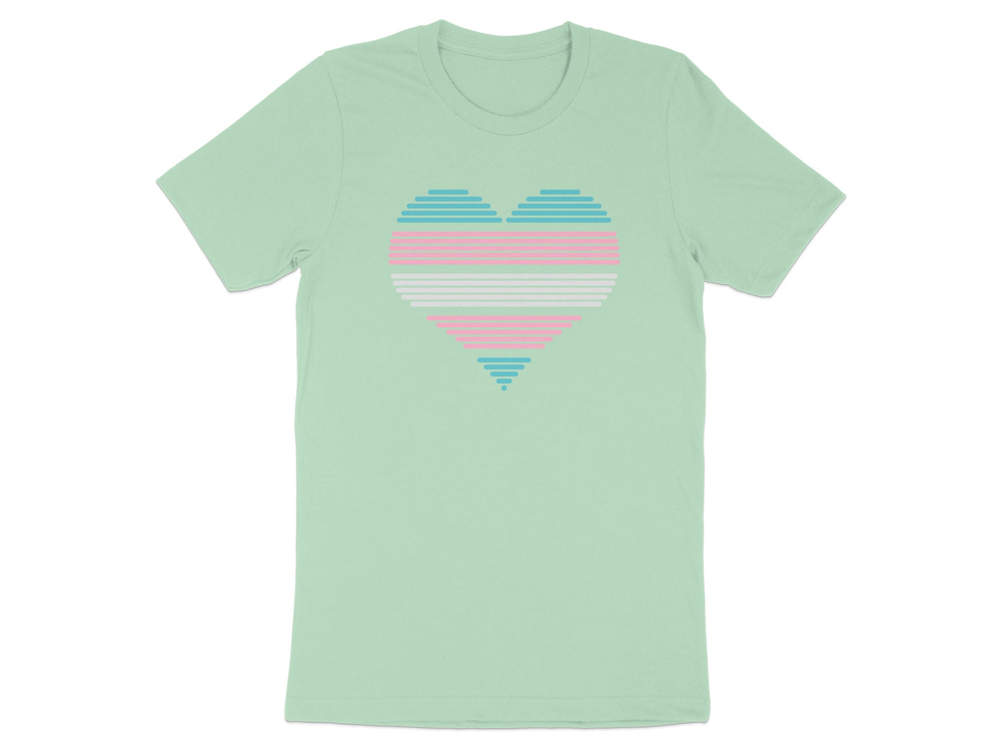 Mint green t-shirt with a heart graphic in transgender flag colors.