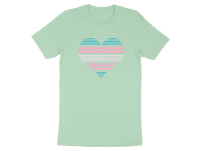 Mint green t-shirt with a heart graphic in transgender flag colors.