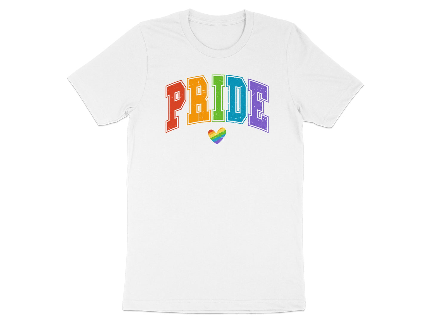 White t-shirt with "Pride" in rainbow lettering and a rainbow heart.