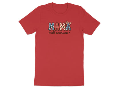 Red t-shirt with "Mama" in patriotic letters and "all american" text.