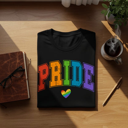 Black t-shirt with "Pride" in rainbow colors and a rainbow heart.