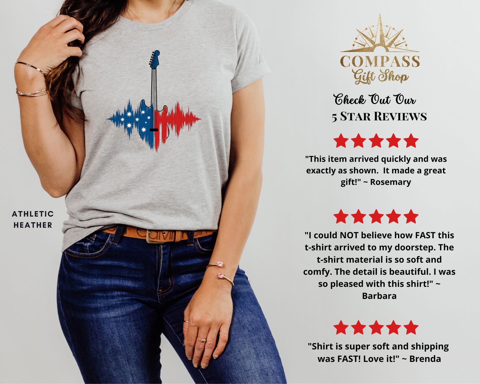 Gray t-shirt with American flag guitar graphic and customer reviews.