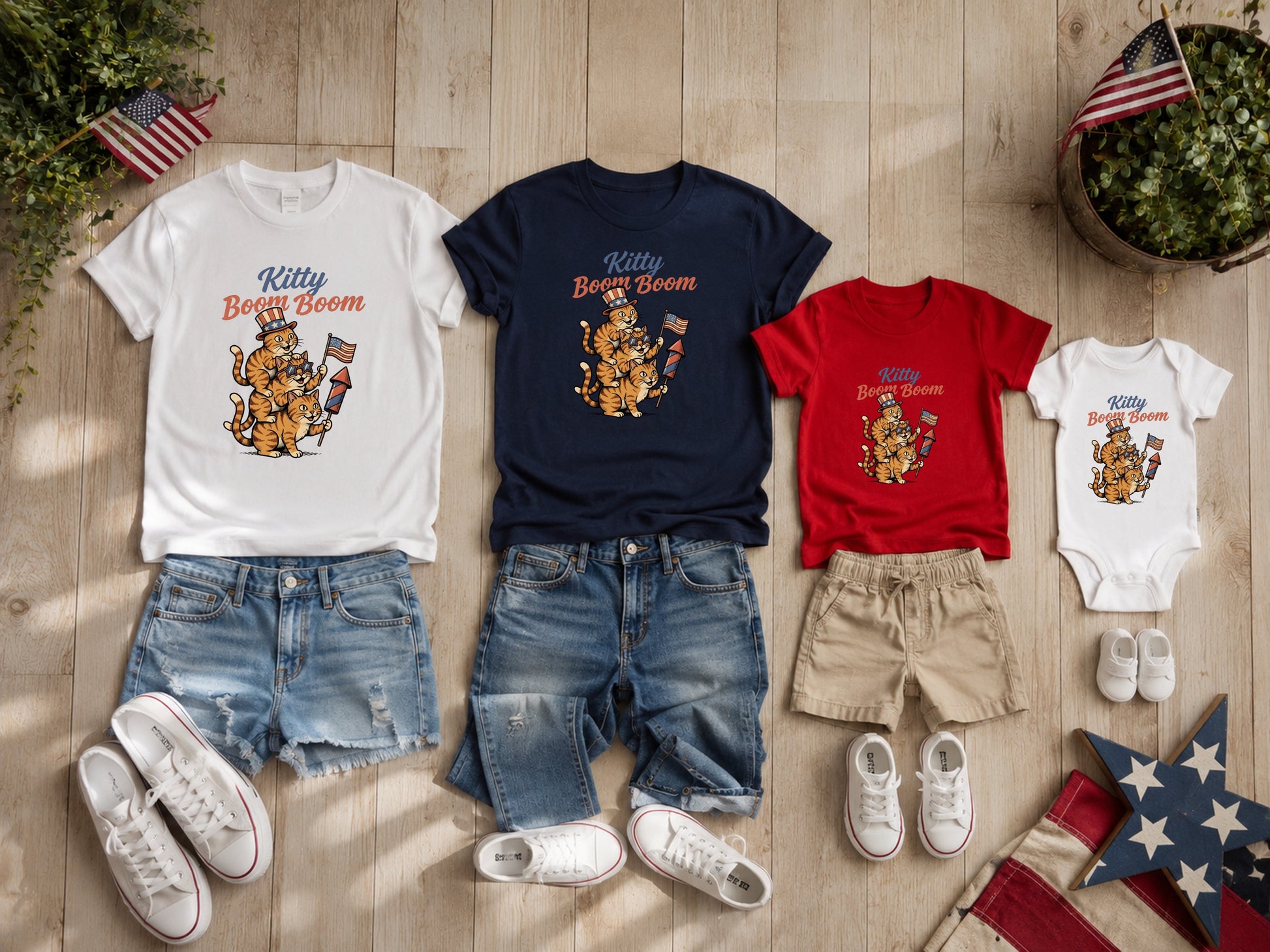 Three t-shirts and a onesie with "Kitty Boom Boom" and tiger graphics.