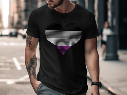 Black t-shirt with purple, white, and grey asexual pride heart design.