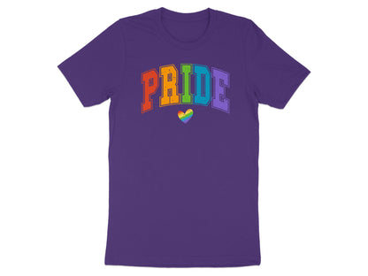 Purple t-shirt with "PRIDE" in rainbow letters and a rainbow heart.