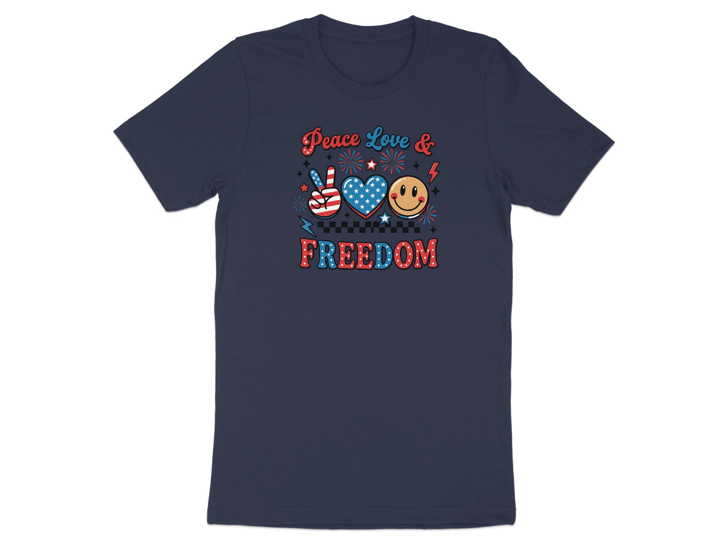 Navy t-shirt with "Peace Love & Freedom" text and patriotic graphics.