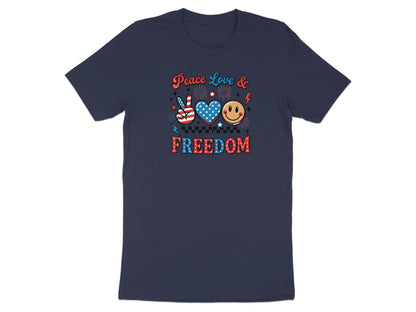 Navy t-shirt with "Peace Love & Freedom" text and patriotic graphics.