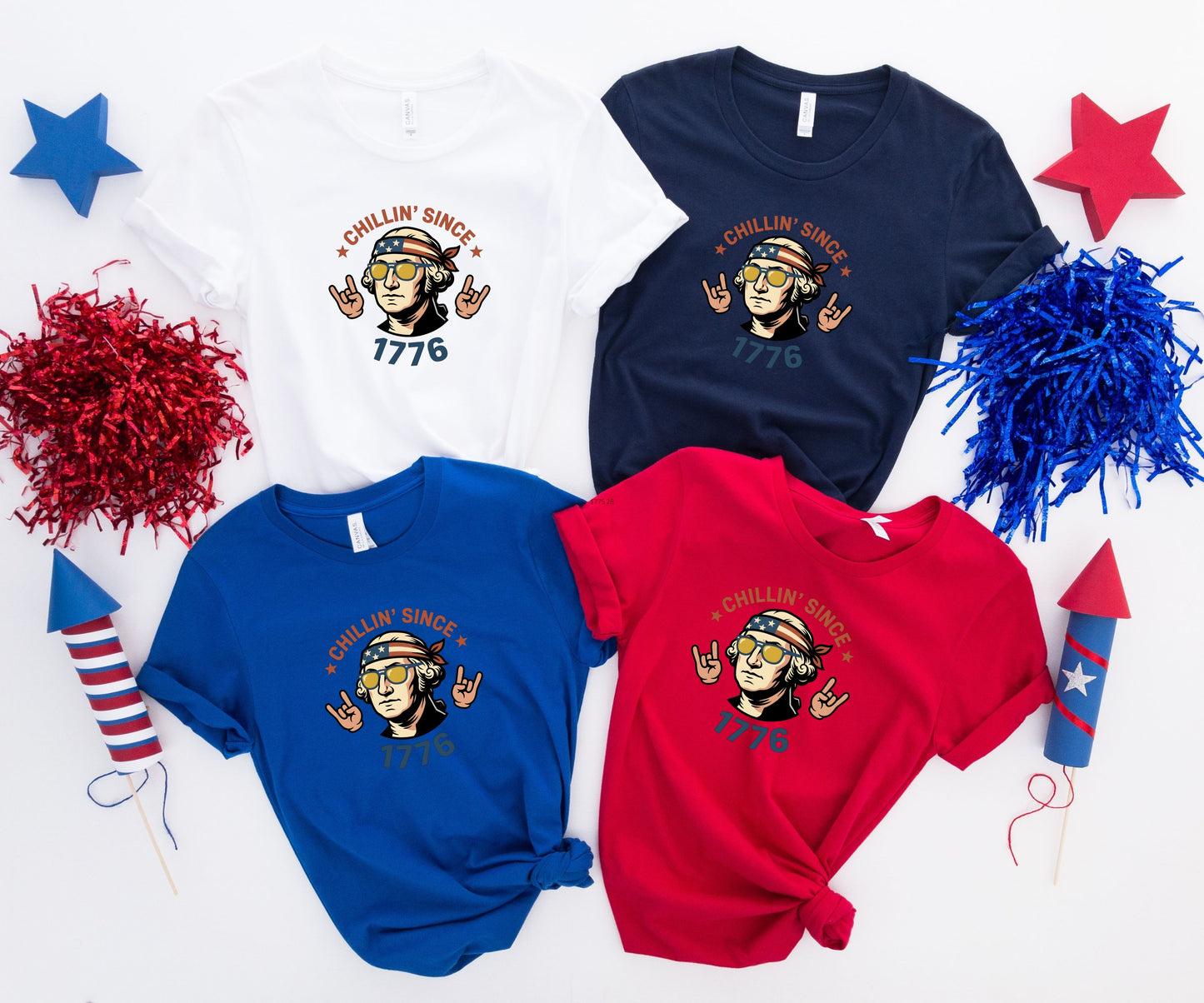 Four t-shirts with "Chillin' Since 1776" and a cartoon George Washington.