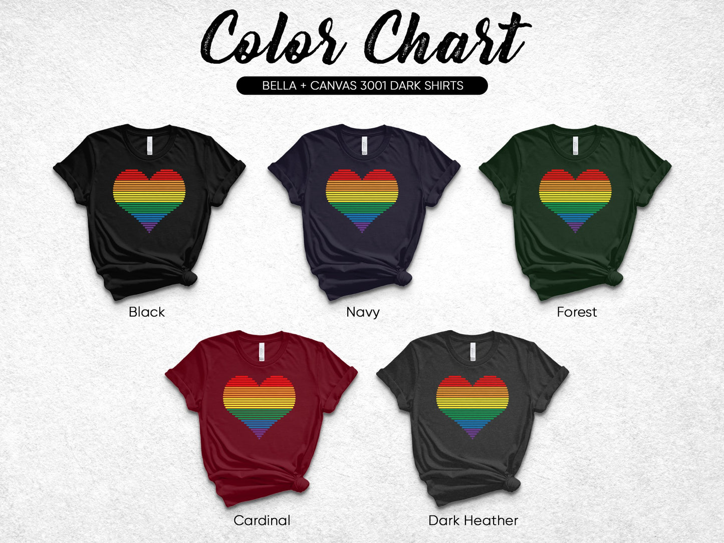 Color chart showing five t-shirts with rainbow heart designs.