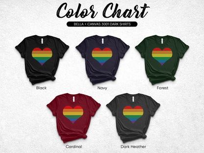 Color chart showing five t-shirts with rainbow heart designs.