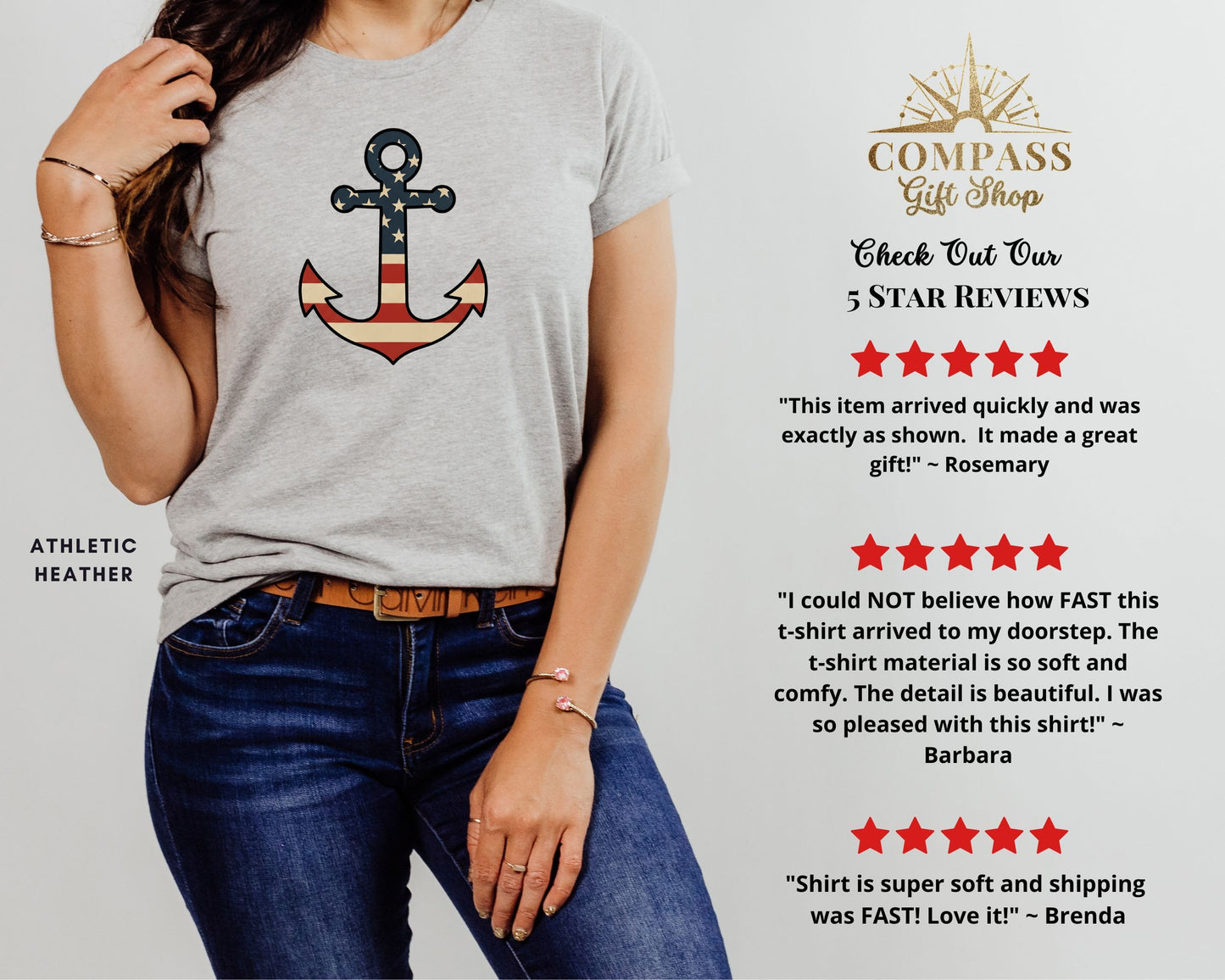 Grey t-shirt with anchor graphic, compass, and customer reviews.