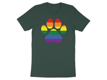 Rainbow paw print on dark green t-shirt.