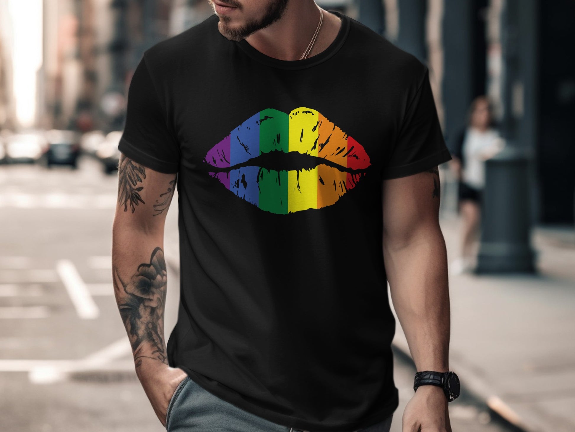 Black t-shirt with rainbow lips graphic, worn by a person.