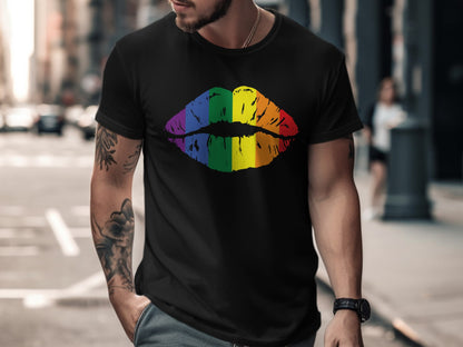 Black t-shirt with rainbow lips graphic, worn by a person.