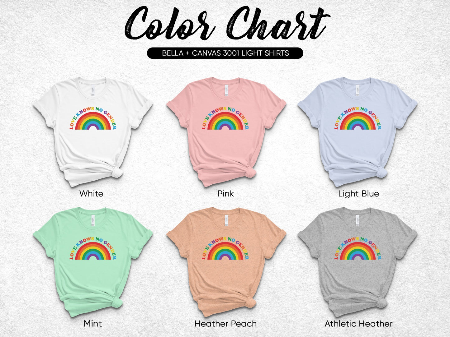 Color chart of Bella + Canvas 3001 light shirts in six colors.