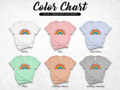 Color chart of Bella + Canvas 3001 light shirts in six colors.