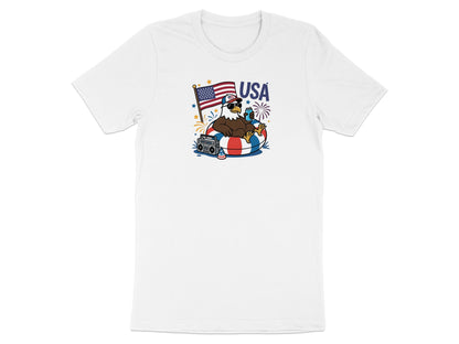 Eagle in inner tube with boombox and American flag, wearing sunglasses.