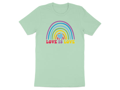 Light green t-shirt with rainbow and "LOVE IS LOVE" text.