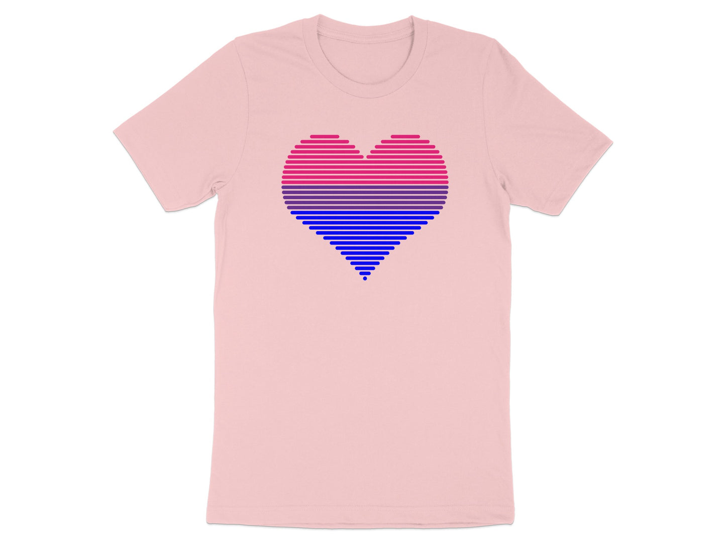 Pink t-shirt with a horizontal striped heart in blue, purple, and pink.
