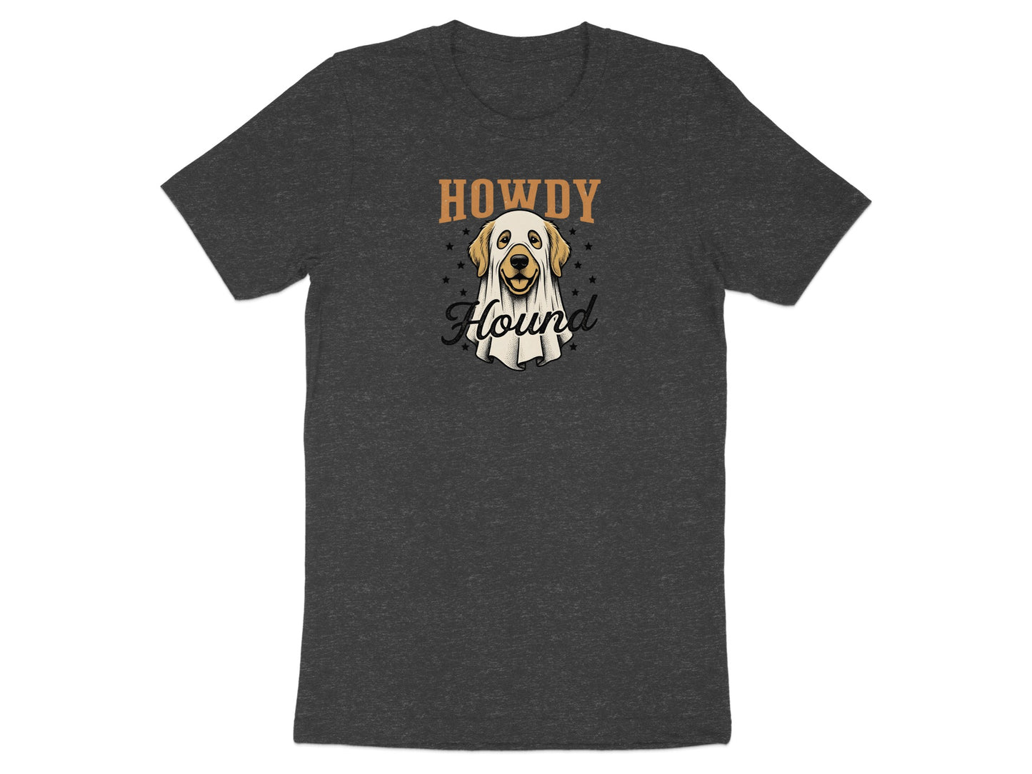 Dark grey t-shirt with ghost dog graphic reading "Howdy Hound".
