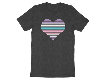 Dark gray t-shirt with a horizontal striped heart in pastel colors.